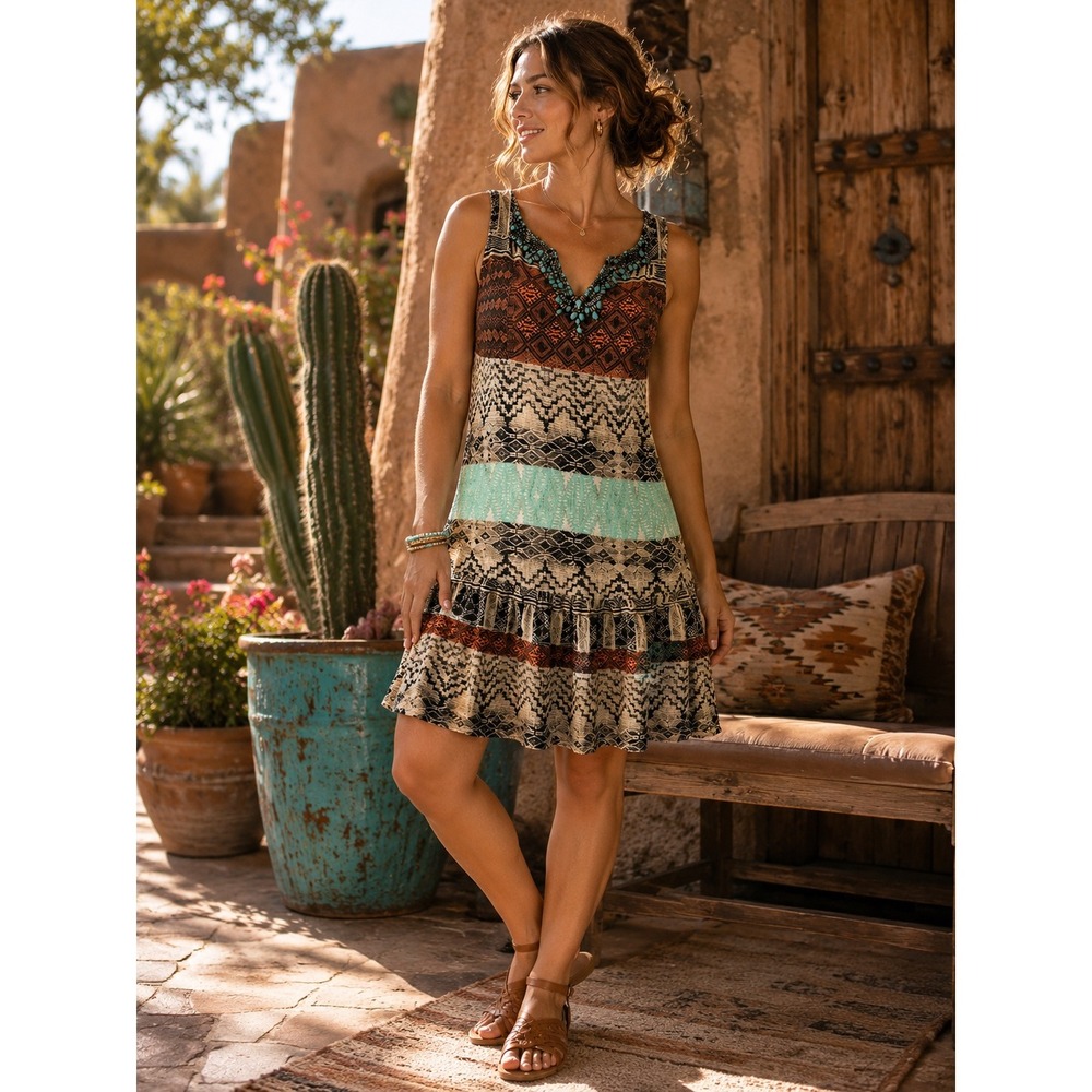 Twelfth Street by Cynthia Vincent 100% Silk Boho Beaded Southwestern V Neck S